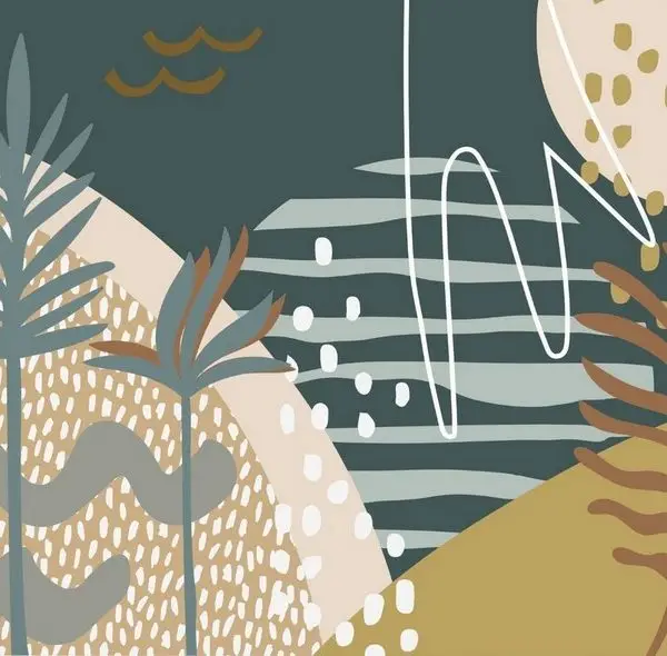 Antrasit bej ve hardal tonlarında soyut geometrik formlar noktalar ve stilize palmiye yaprakları içeren modern duvar kağıdı