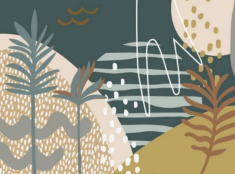 Antrasit bej ve hardal tonlarında soyut geometrik formlar noktalar ve stilize palmiye yaprakları içeren modern duvar kağıdı