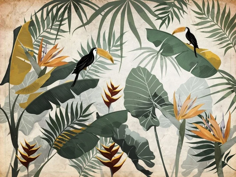 Bej Fonlu Siyah Tukan Kuşu ve Sarı Tropikal Yaprak Duvar Kağıdı Yılmaz Home Collection