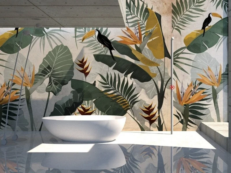 Bej Fonlu Siyah Tukan Kuşu ve Sarı Tropikal Yaprak Duvar Kağıdı Yılmaz Home Collection