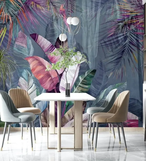 Antrasit Zeminli Pembe ve Yeşil Tropikal Yaprak Desenli Duvar Kağıdı Yılmaz Home Collection