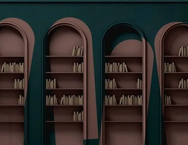 kulturlu derinlik zumrut yesil ve pudra pembe 3d kutuphane duvar kagidi