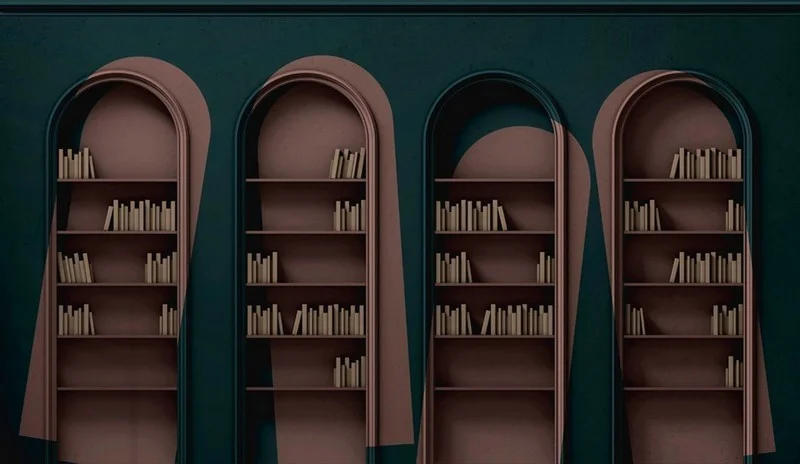 kulturlu derinlik zumrut yesil ve pudra pembe 3d kutuphane duvar kagidi