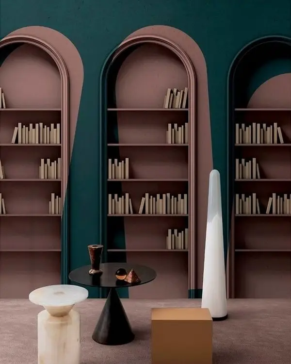 kulturlu derinlik zumrut yesil ve pudra pembe 3d kutuphane duvar kagidi
