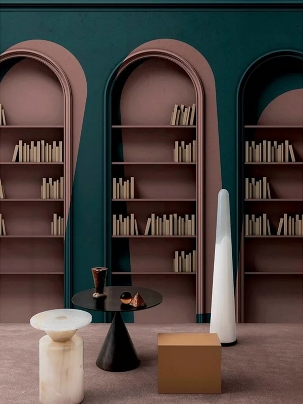 kulturlu derinlik zumrut yesil ve pudra pembe 3d kutuphane duvar kagidi