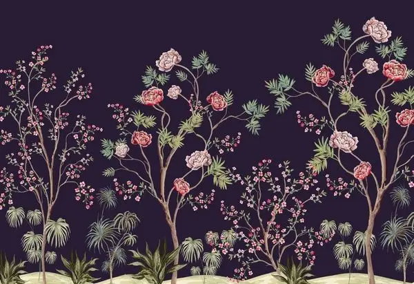koyu mor mürdüm zemin üzerinde iri pembe şakayıklar ve bahar dalları desenli lüks duvar kağıdı