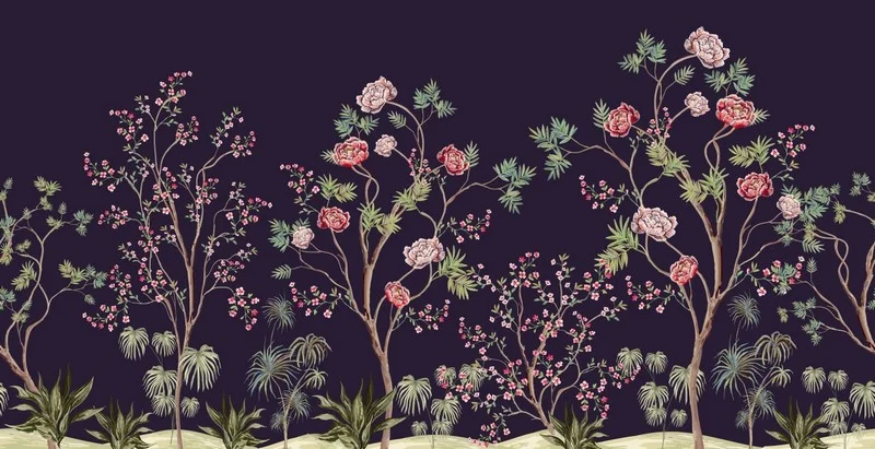 koyu mor mürdüm zemin üzerinde iri pembe şakayıklar ve bahar dalları desenli lüks duvar kağıdı