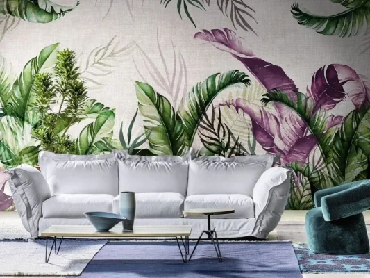 Keten Dokulu Mürdüm ve Yeşil Tropikal Yaprak Desenli Duvar Kağıdı Yılmaz Home Collection