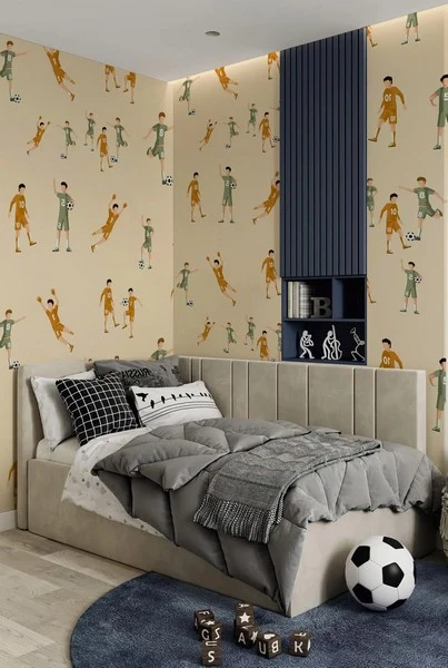 Trendyol krem zeminli minik futbolcu desenli çocuk odası duvar kağıdı ve Hepsiburada turuncu yeşil formalı futbolcular poster bursa