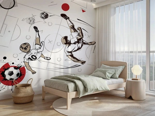 Trendyol akrobatik rövaşata yapan futbolcular duvar kağıdı ve Hepsiburada elektrik mavisi 3D spor posteri bursa